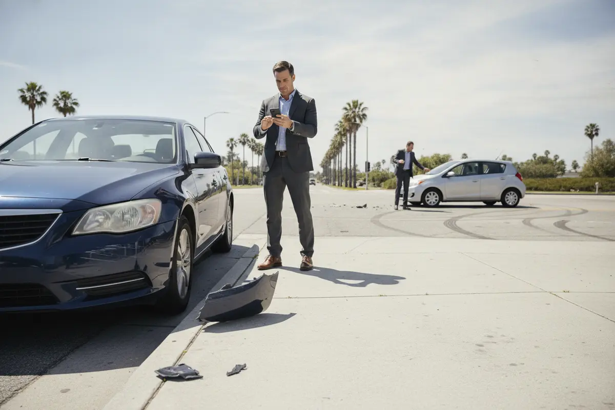 A person safely photographing vehicle damage and the roadway after a California collision