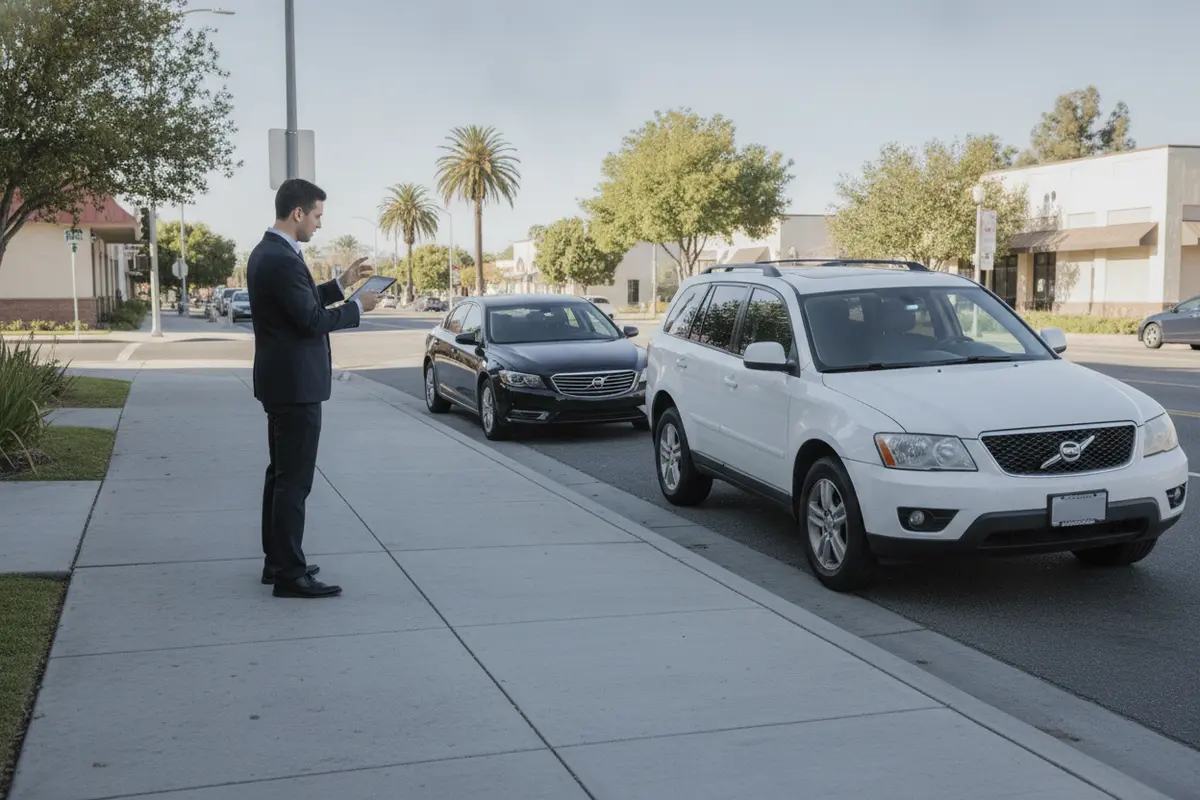 A person safely records vehicle positions and roadway details after a rideshare collision in Modesto.