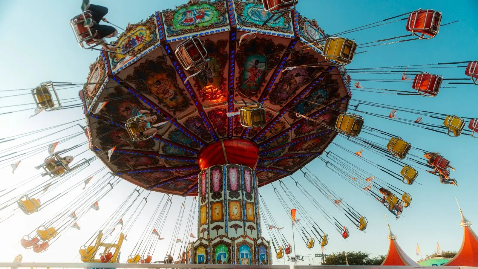 Colorful swing ride at a California amusement park