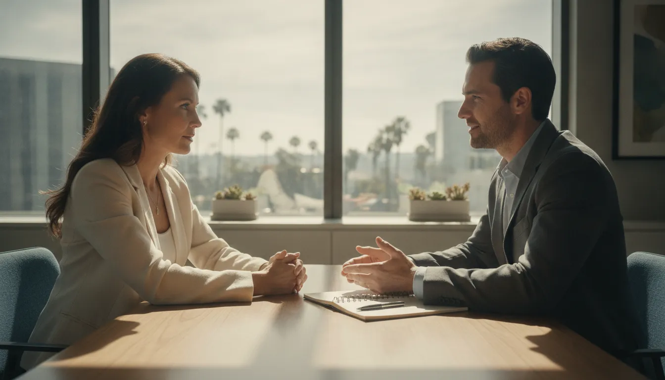 Attorney and client discussing long-term injury recovery planning in a California office