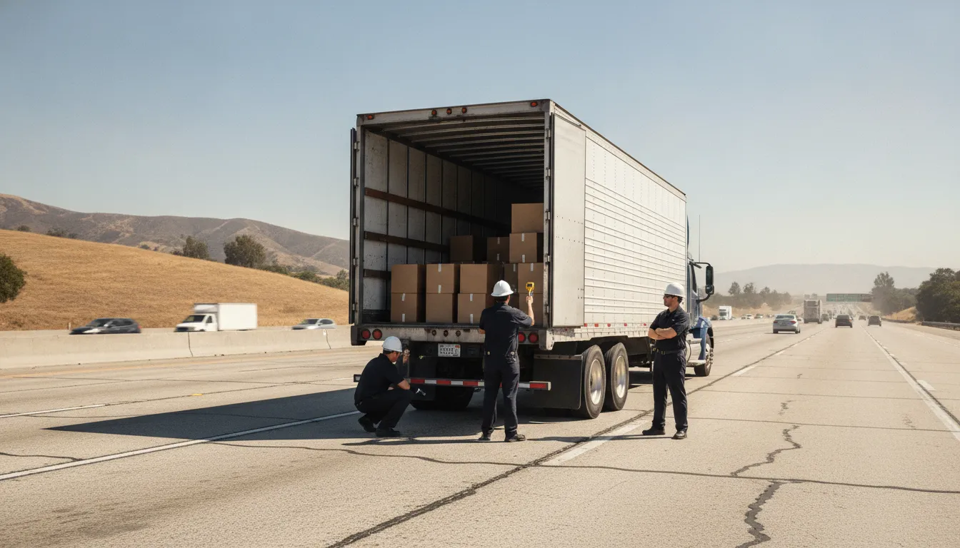 Investigators inspecting a commercial truck on a Southern California freeway