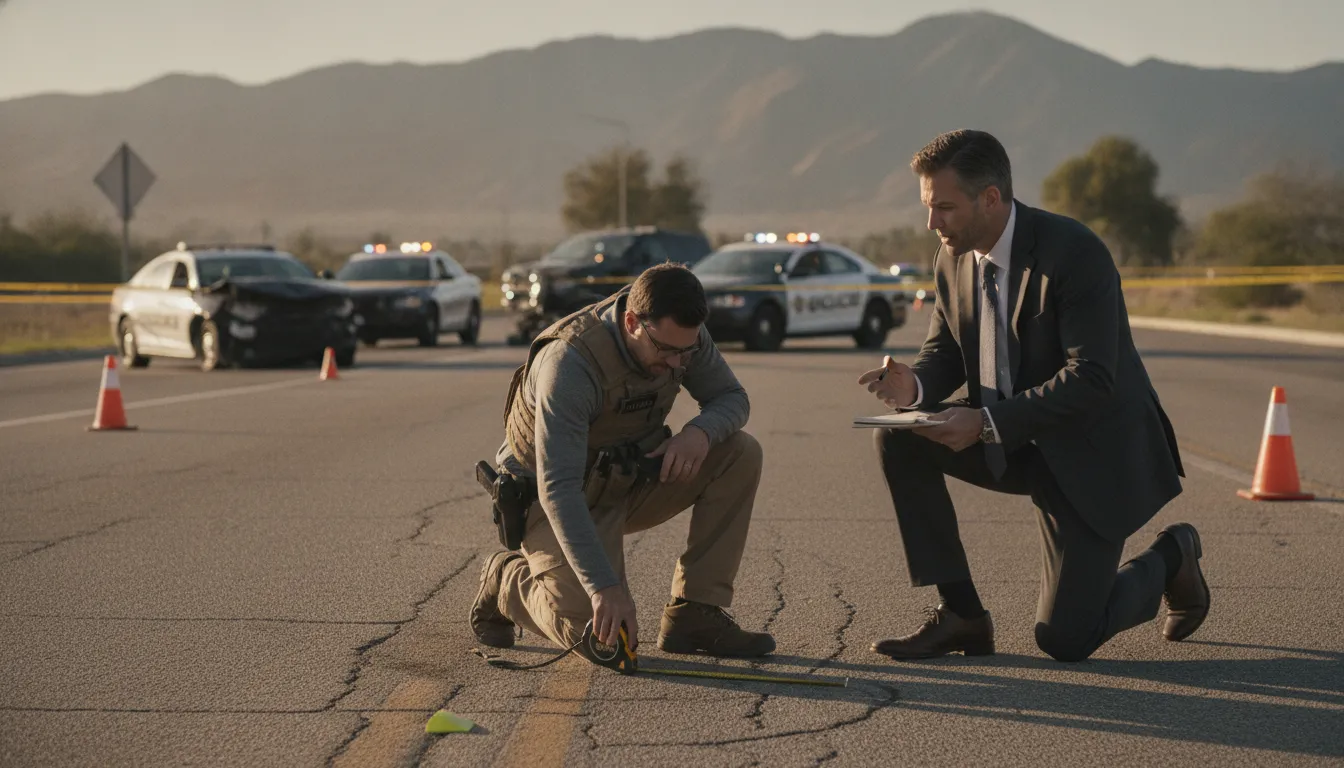 California traffic investigator reviewing a Riverside roadway after a serious collision