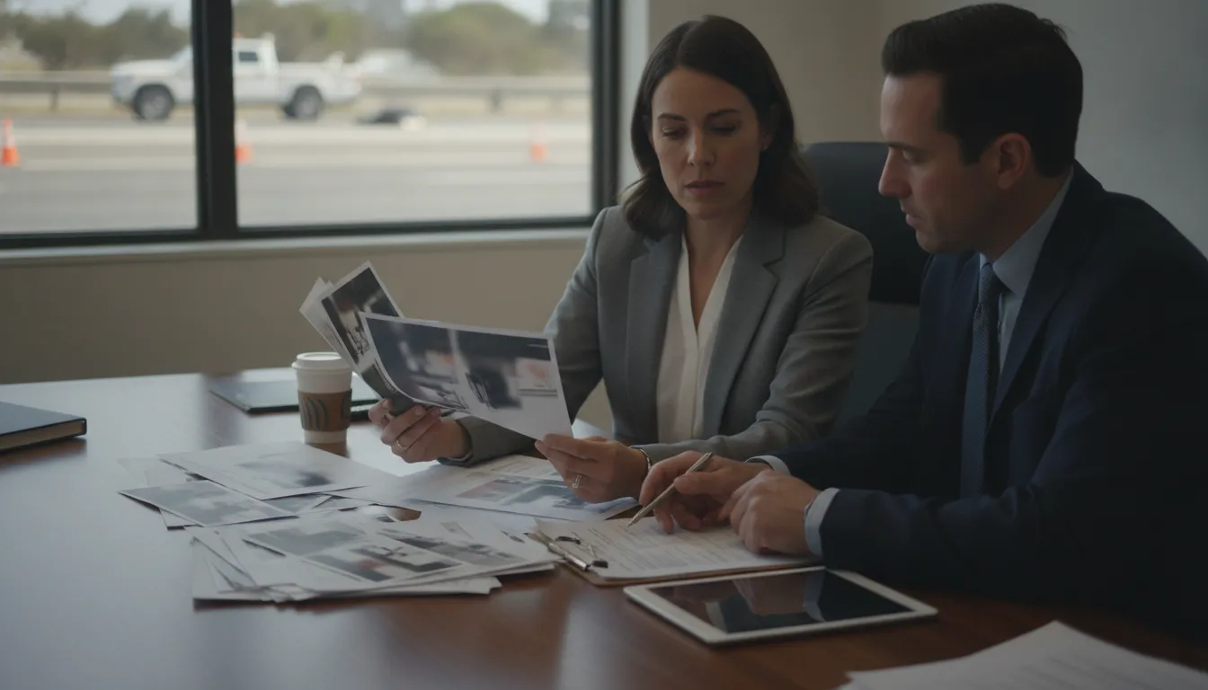 California accident evidence review with collision photographs and claim documents