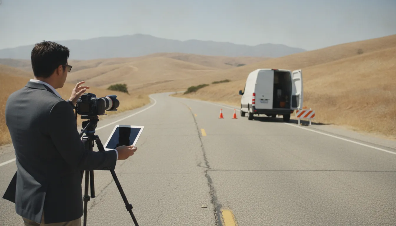 Investigator documenting a California delivery van and roadway