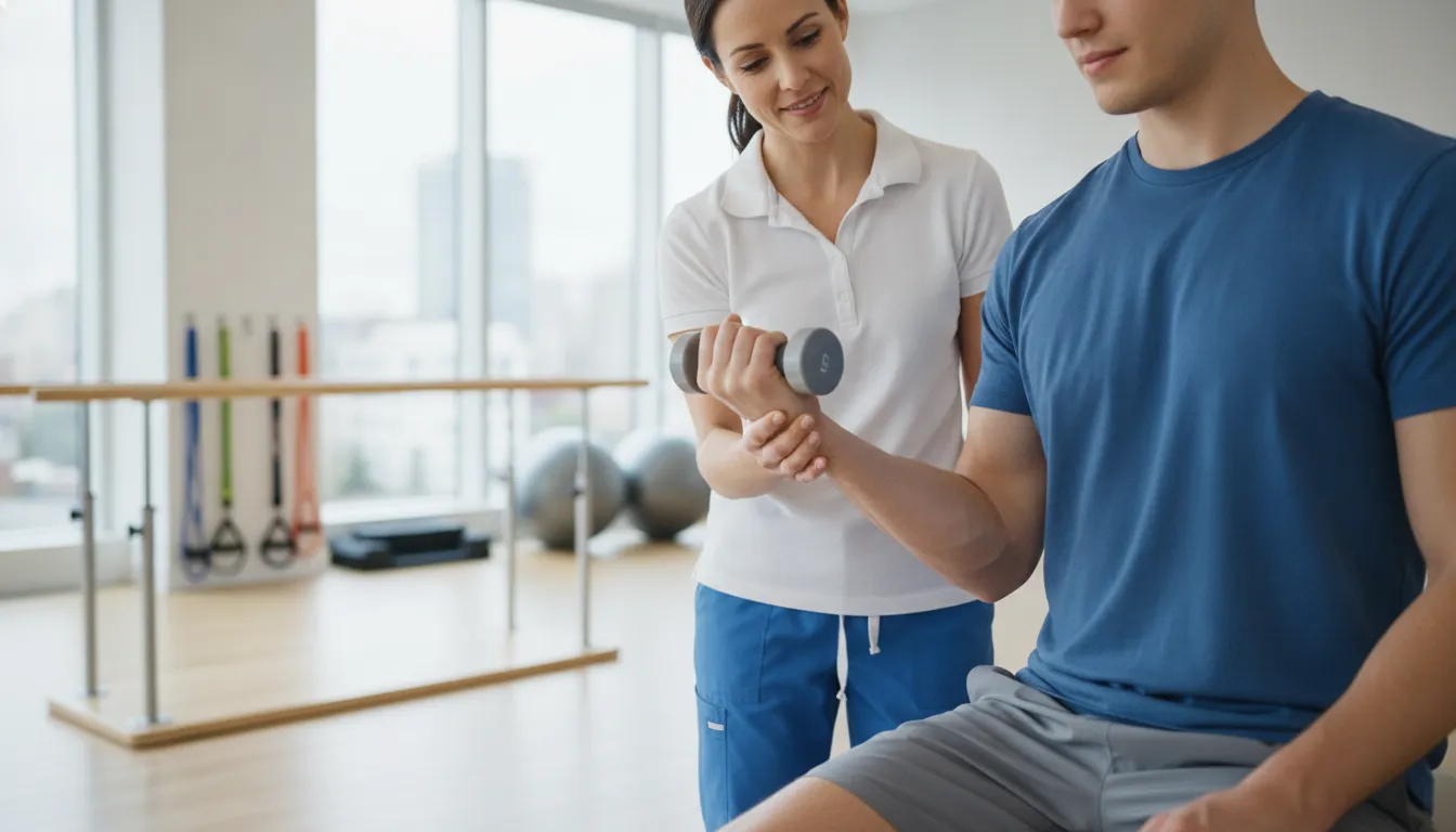 A physical therapist guiding a patient through rehabilitation exercises after a catastrophic injury