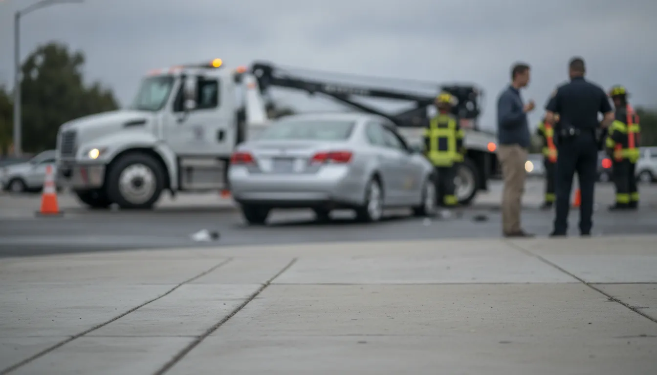 California rideshare crash scene viewed from a safe sidewalk