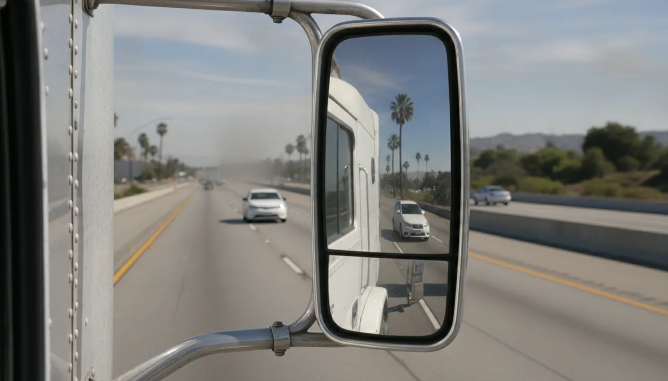 A truck side mirror with a sedan visible far behind the trailer on a freeway