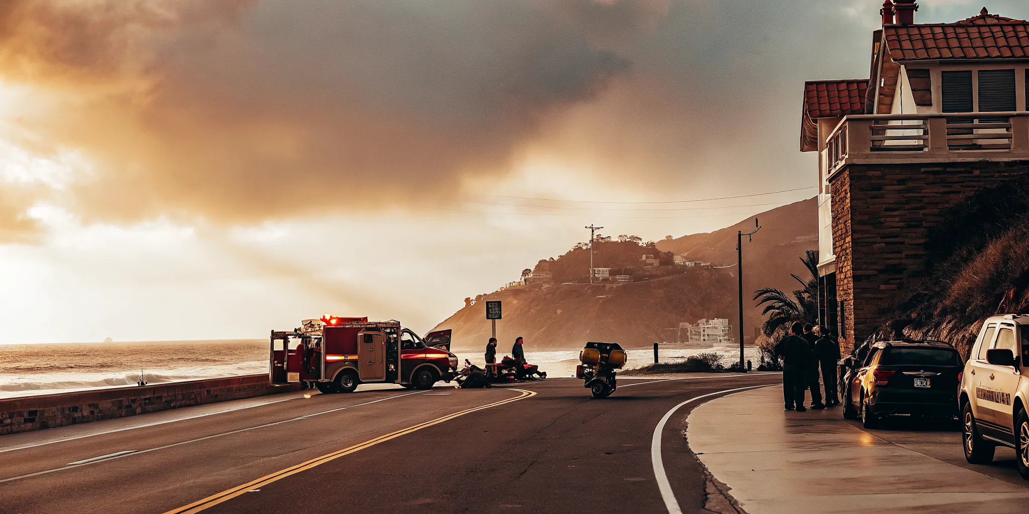 Emergency response scene on Pacific Coast Highway showing a motorcycle accident near the Malibu coastline