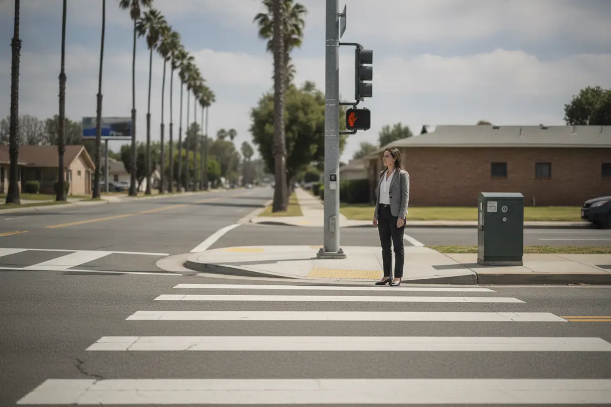 Marked Riverside crosswalk with a pedestrian waiting near the curb ramp