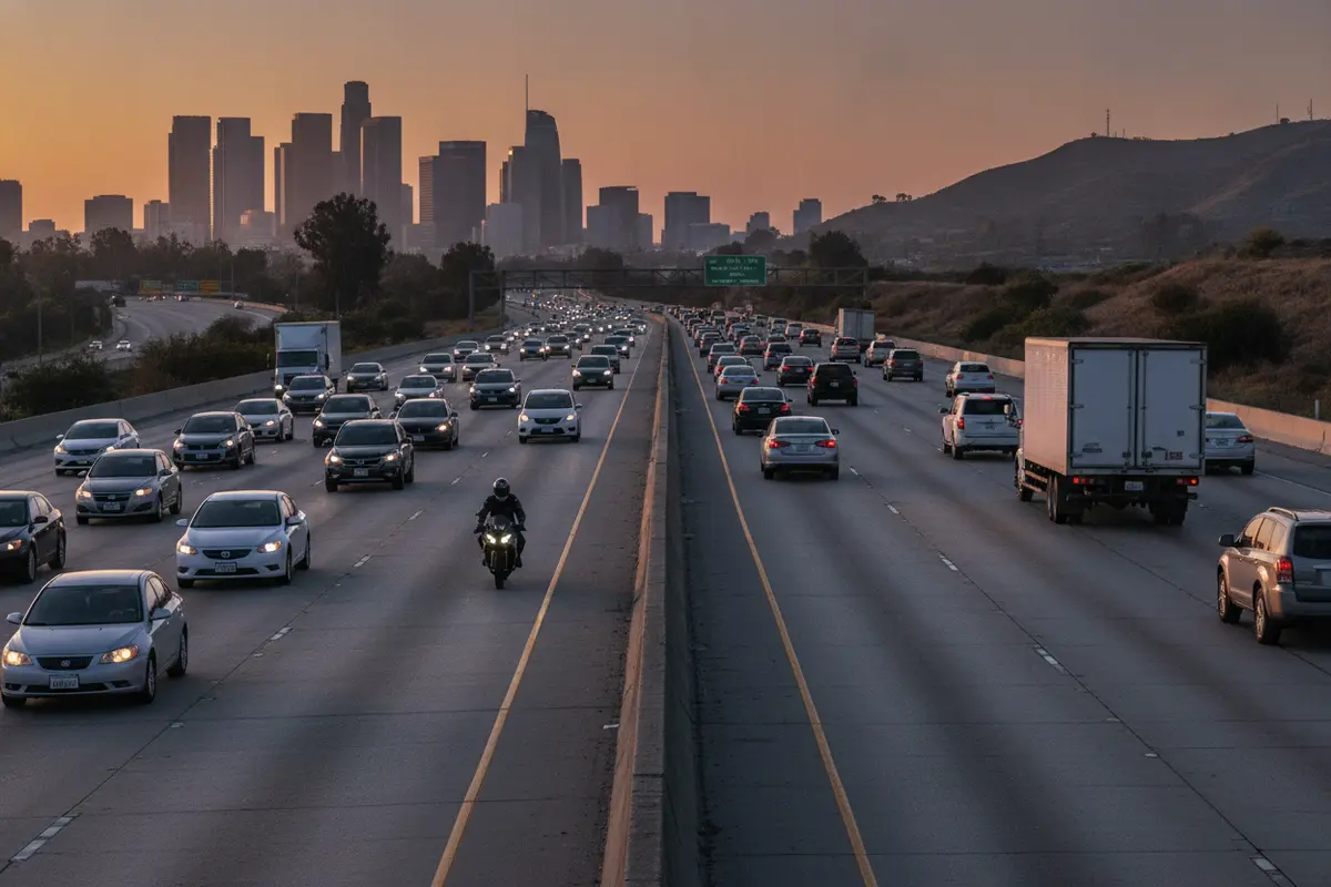 Motorcycle rider traveling between lanes of slow-moving freeway traffic
