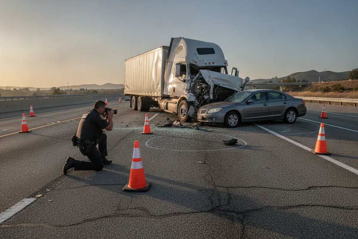 Officer documenting a commercial truck collision scene in California