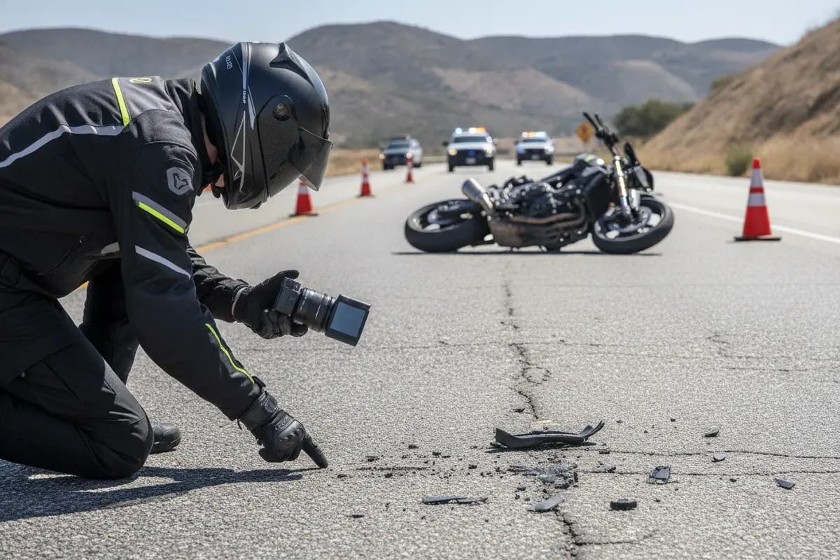Rider photographs motorcycle damage and roadway evidence from a safe location
