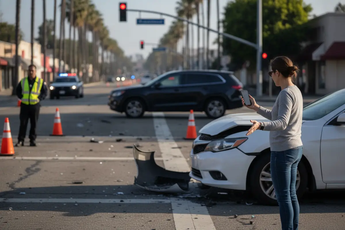 Rideshare driver documenting vehicle damage and the collision scene