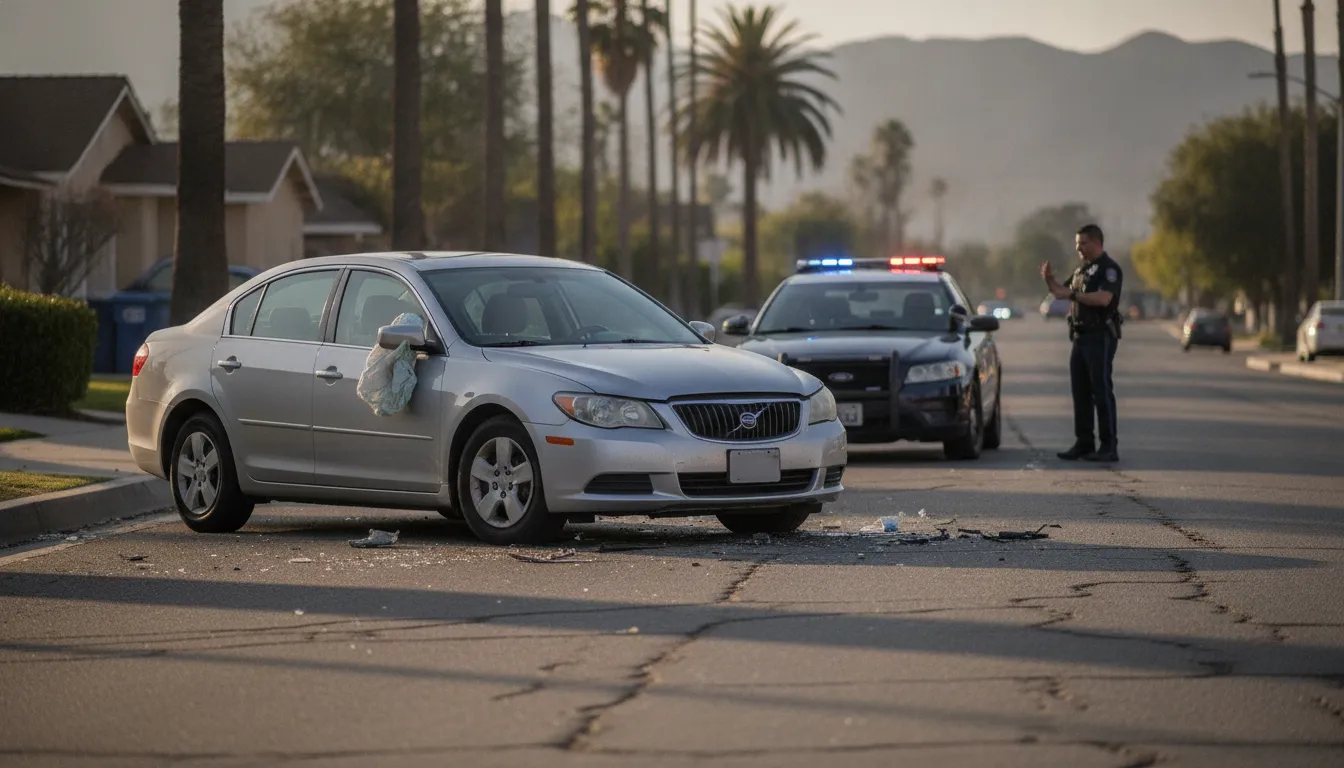 Uber vehicle traveling on a Riverside, California roadway after a collision