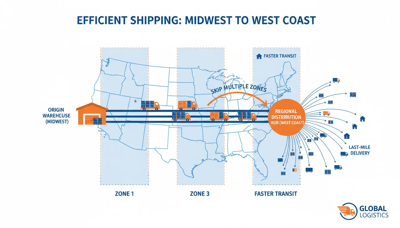 Zone skipping diagram showing freight linehaul consolidation and regional parcel injection across US shipping zones