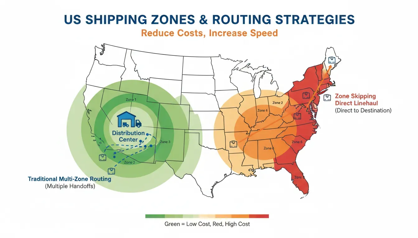 US shipping zone map showing cost difference between Zone 2 local delivery and Zone 8 cross-country delivery for parcel shippers