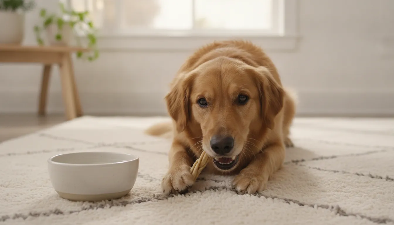 Supervised dog calmly chewing a collagen stick beside fresh water