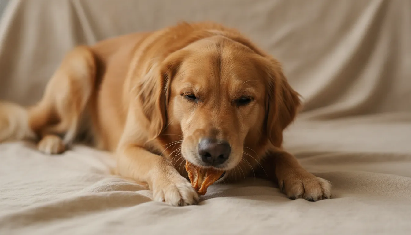 A dog enjoying a natural dehydrated rabbit ear chew under supervision