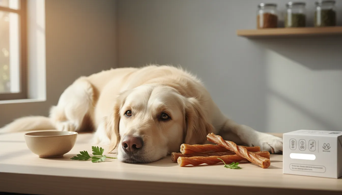 Dog beside natural dental chews for dogs and an ingredient label