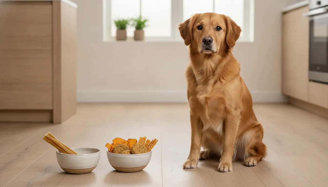 Dog beside bowls illustrating limited ingredient and single-ingredient treat choices