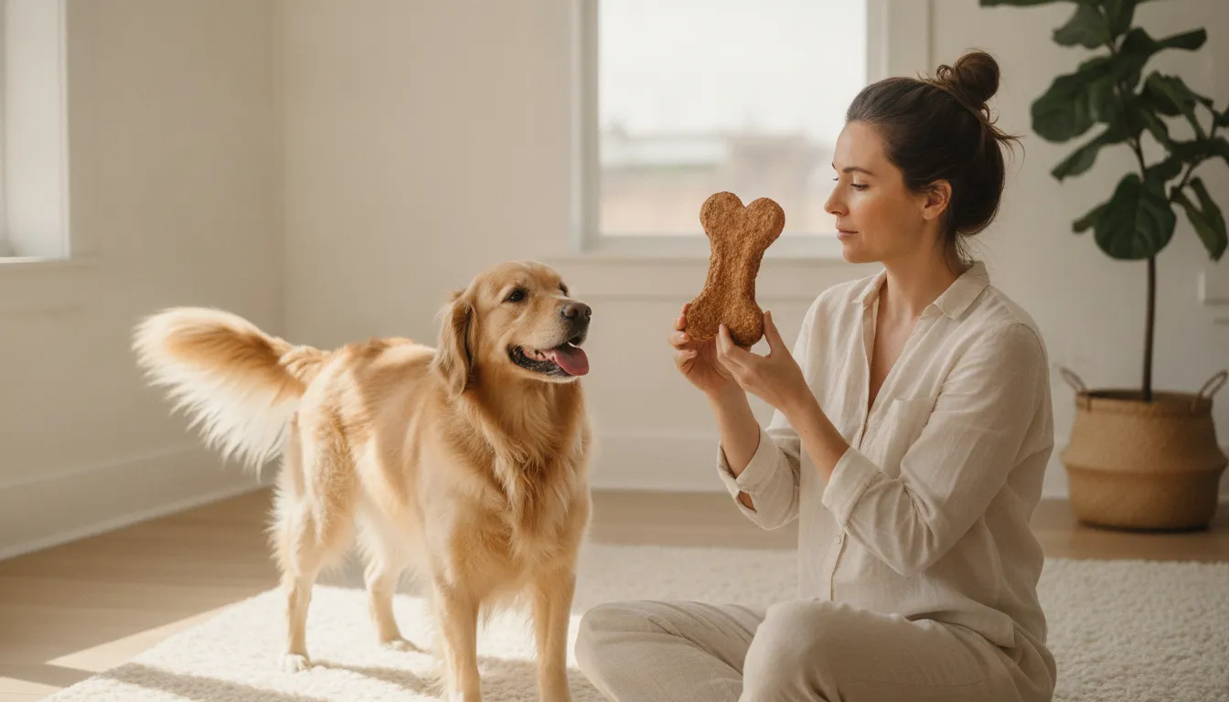 Dog owner evaluating a single-ingredient dog treat