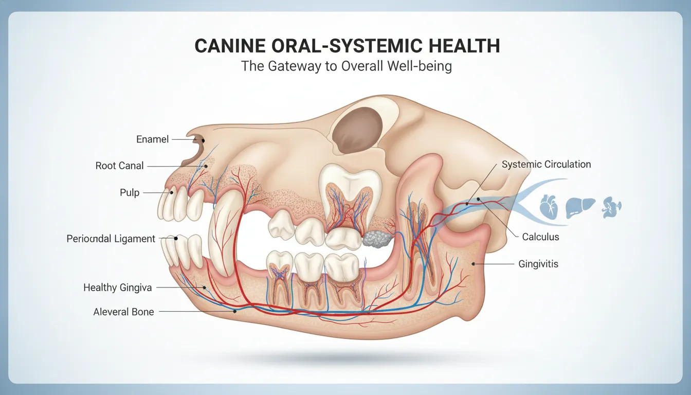 Cross-section anatomical illustration of dog teeth and gums showing plaque buildup along the gumline and pathways where oral bacteria enter the bloodstream