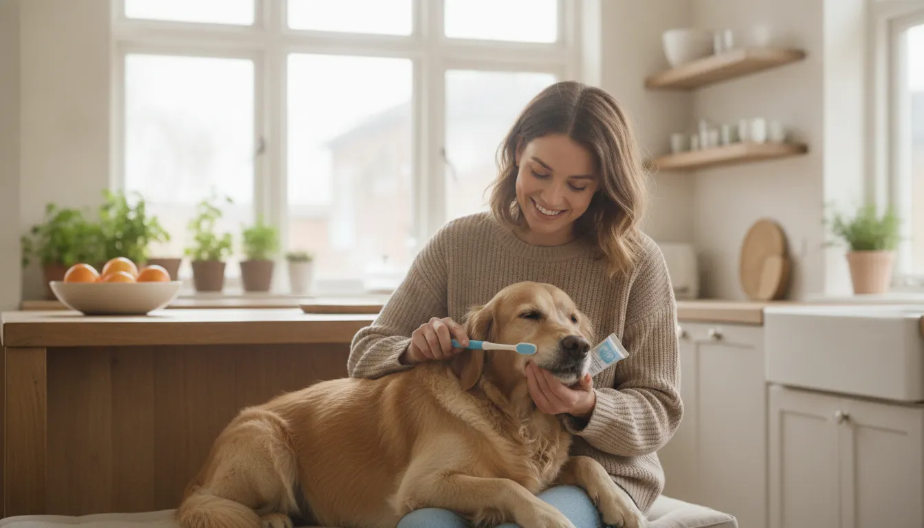 Owner brushing a relaxed dog's teeth at home as part of a daily wellness routine
