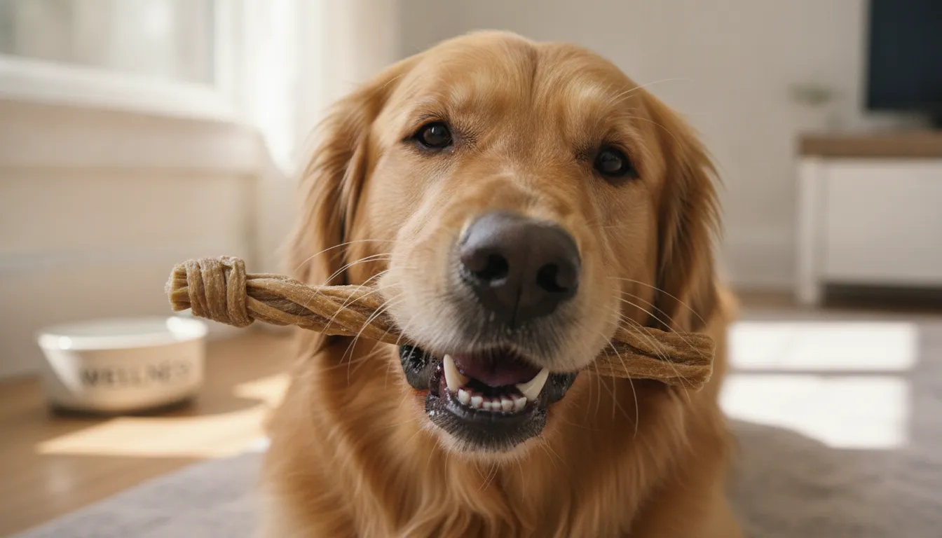 Dog chewing a natural single-ingredient chew, focused expression, clean teeth visible, bright natural lighting, premium wellness aesthetic