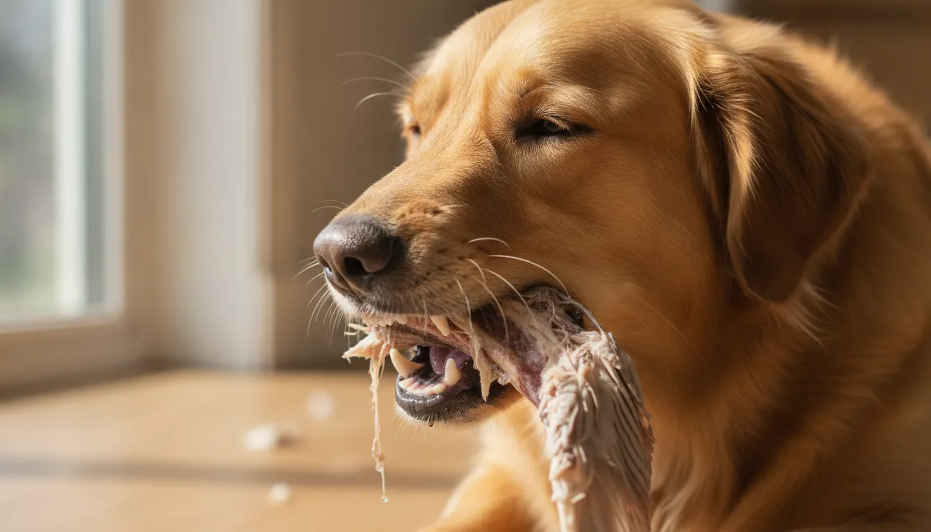 Dog chewing a duck wing using back teeth for dental cleaning
