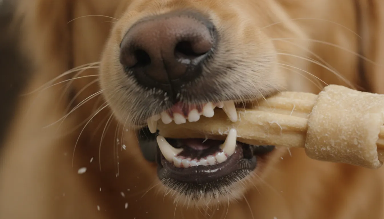 Dog chewing on a single-ingredient natural dental chew with visible mechanical scraping action against teeth and gums