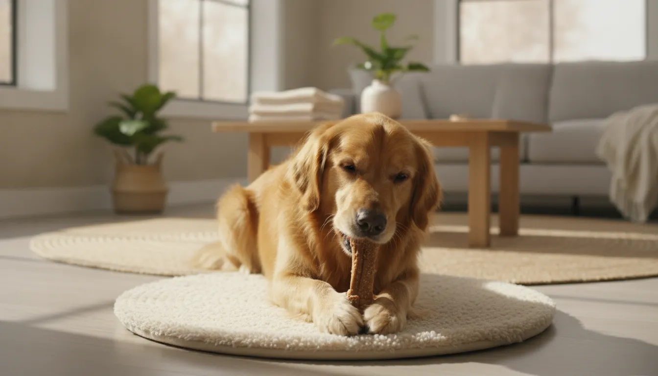 Dog calmly enjoying a natural chew during a supervised chewing session
