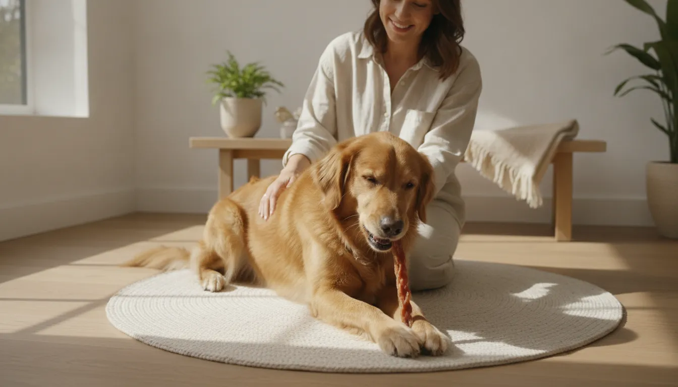 Dog using a natural chew during a supervised dental wellness session