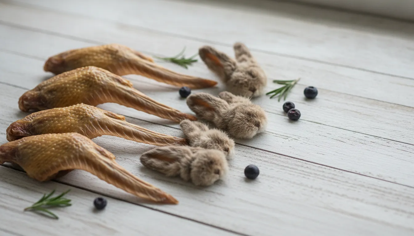 Collection of single-ingredient dog chews duck wing rabbit ear and collagen stick arranged on wood minimalist pet wellness photography