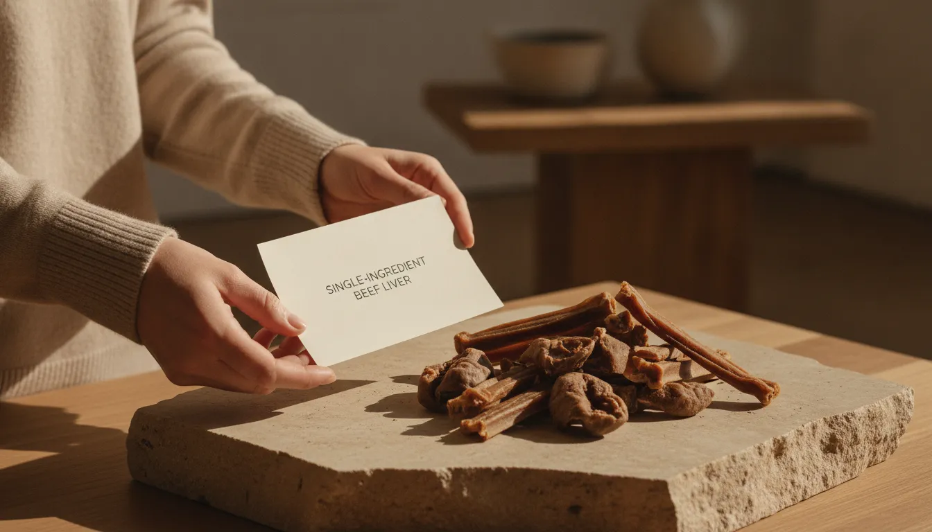 Dog owner reviewing the label beside single-ingredient dog chews