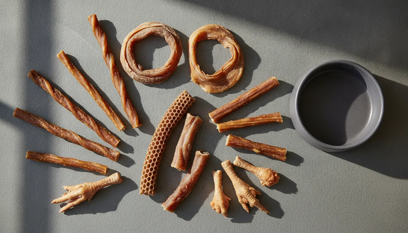 Natural single-ingredient dog chews with different shapes and textures for comparison