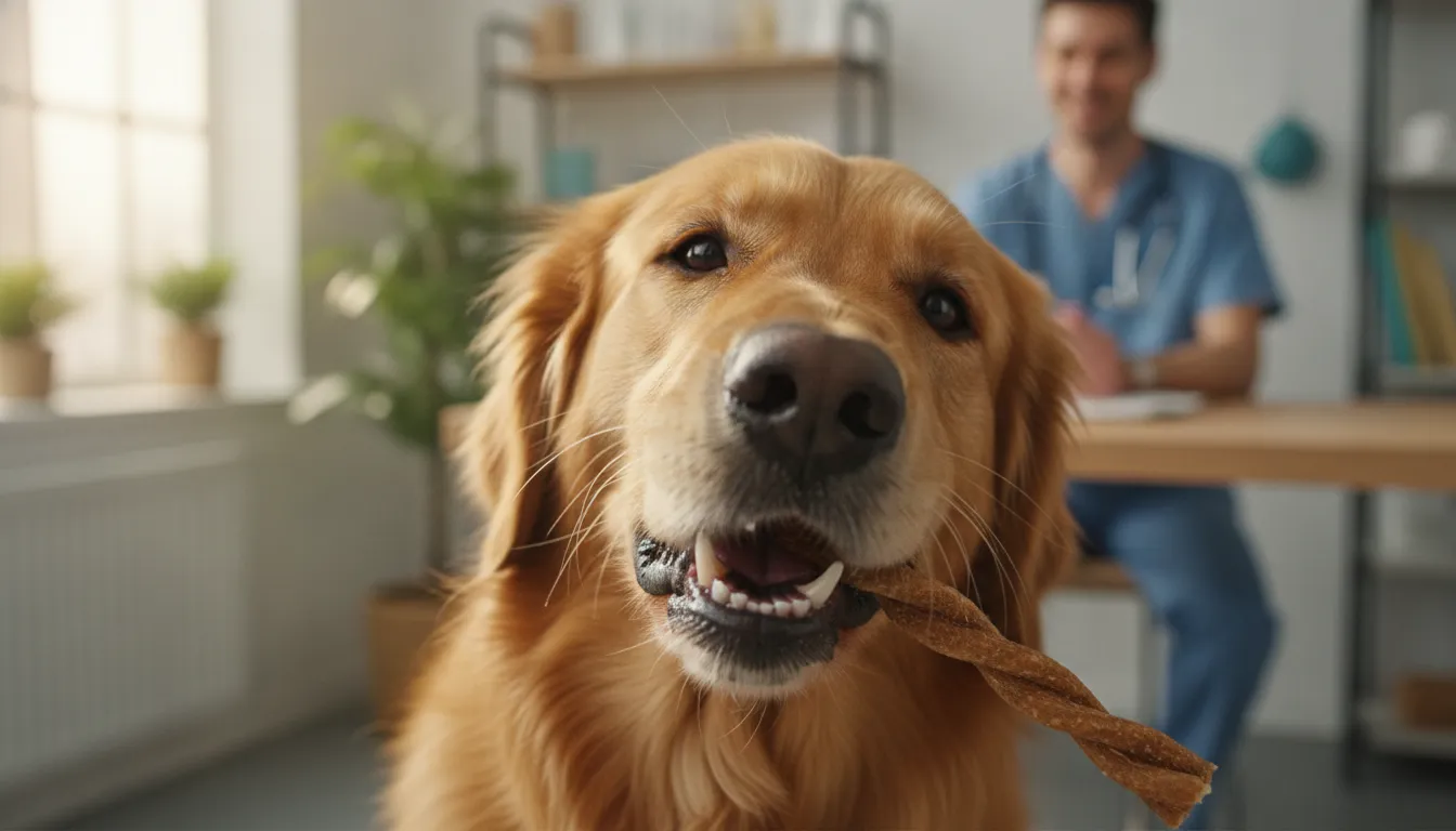 Dog with healthy teeth and gums enjoying a natural dental chew