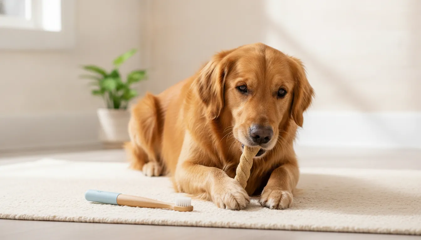 Dog using a canine dental chew as part of a supervised daily dental routine