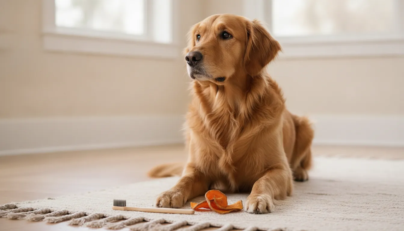 Dog bad breath home remedy routine with a dog toothbrush and whole-food chew
