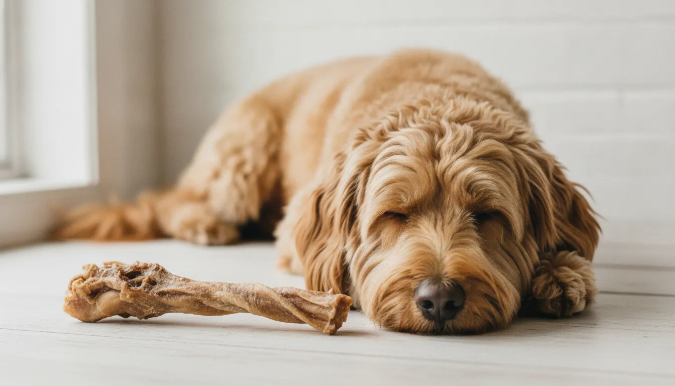 Whole air-dried duck neck chew prepared for a supervised dog chewing session