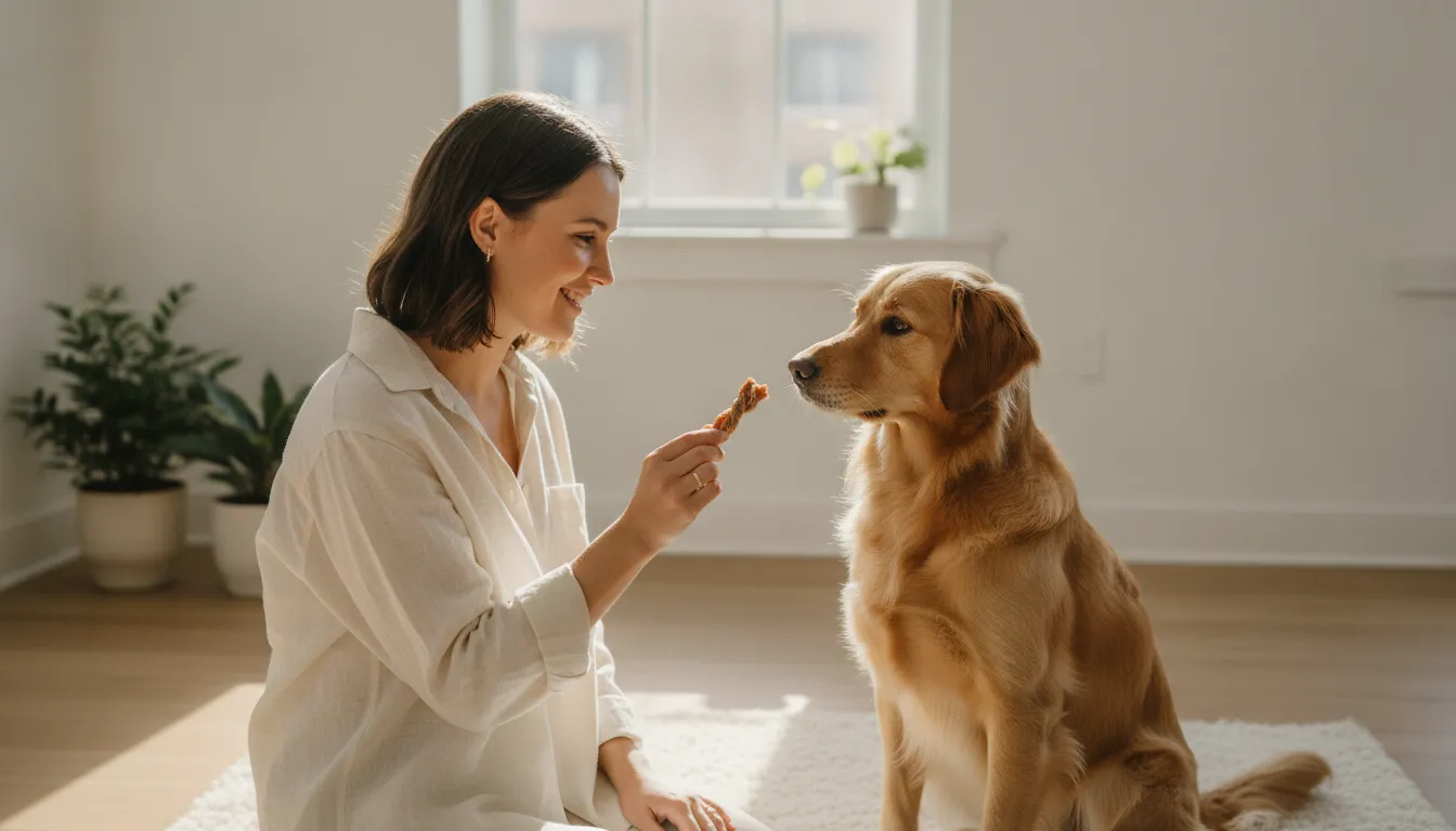 Owner thoughtfully introducing a one ingredient dog treat
