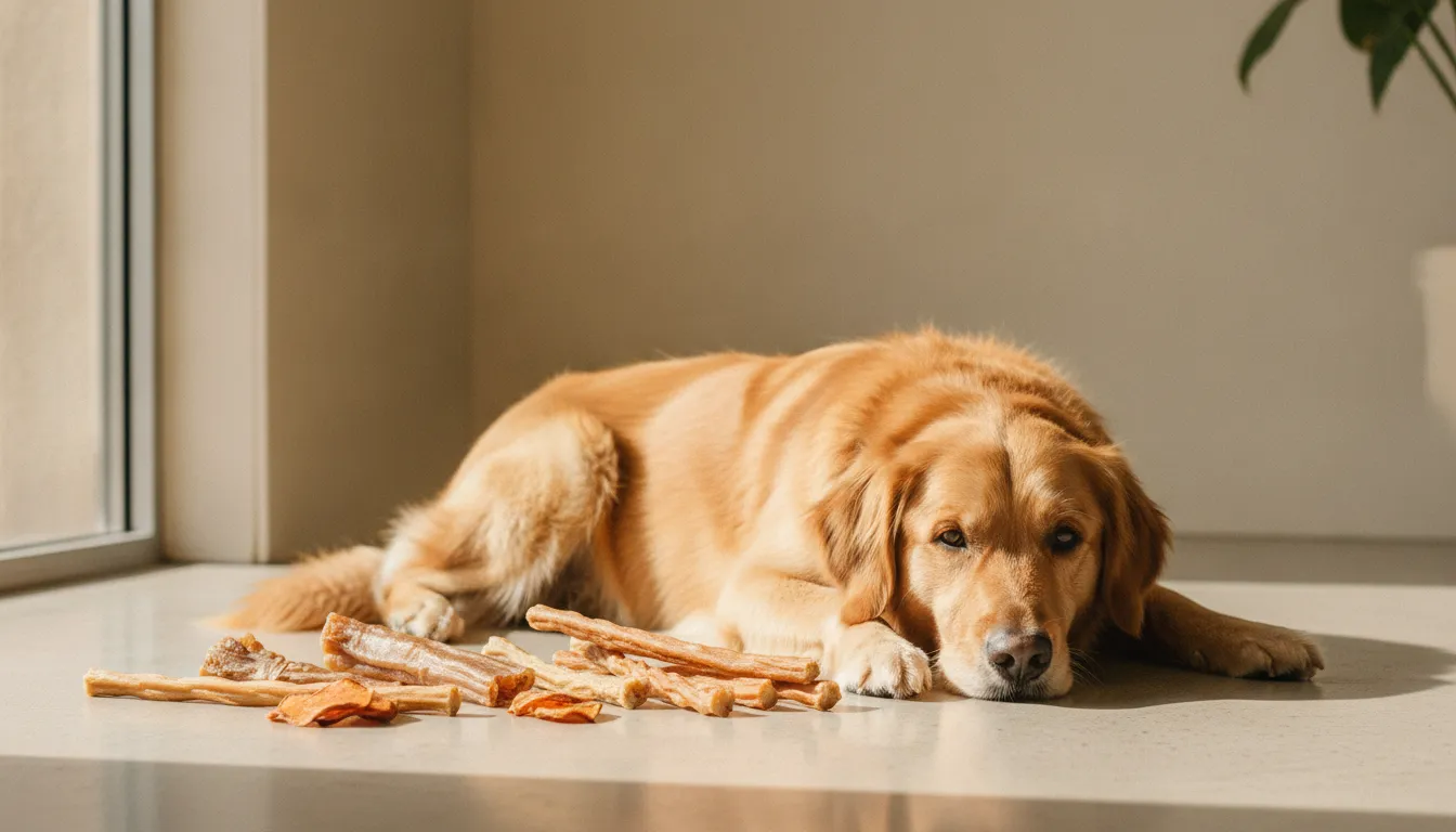 Dog beside a curated selection of one ingredient dog treats