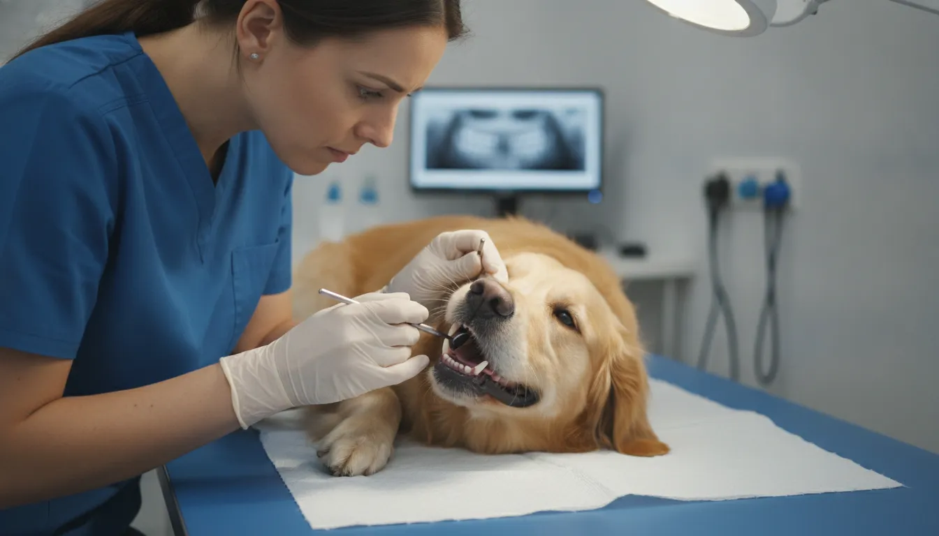 Veterinarian examining a dog during a dental checkup in a professional clinical setting