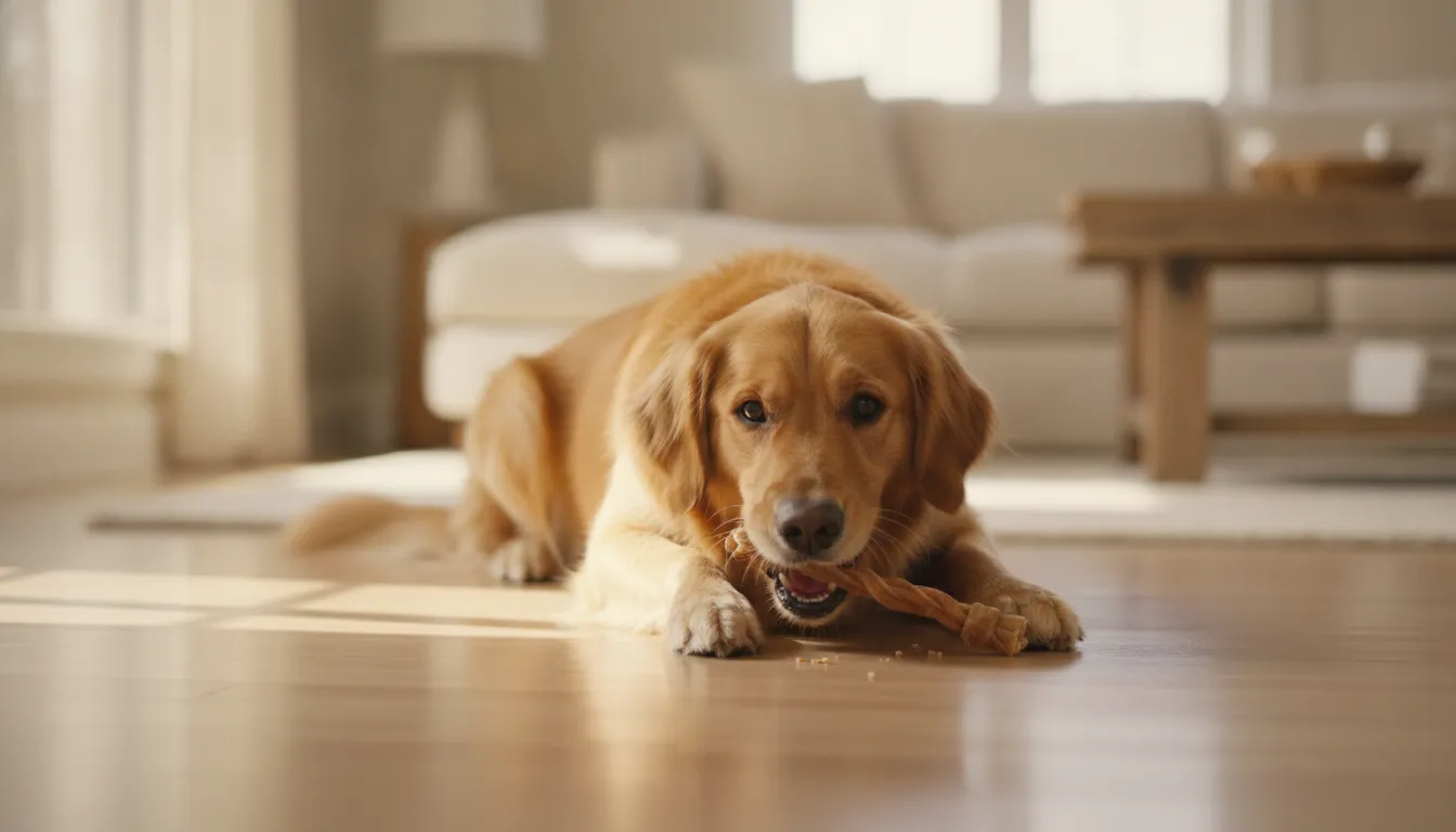 Golden retriever chewing a natural single-ingredient dog chew as part of a daily wellness routine