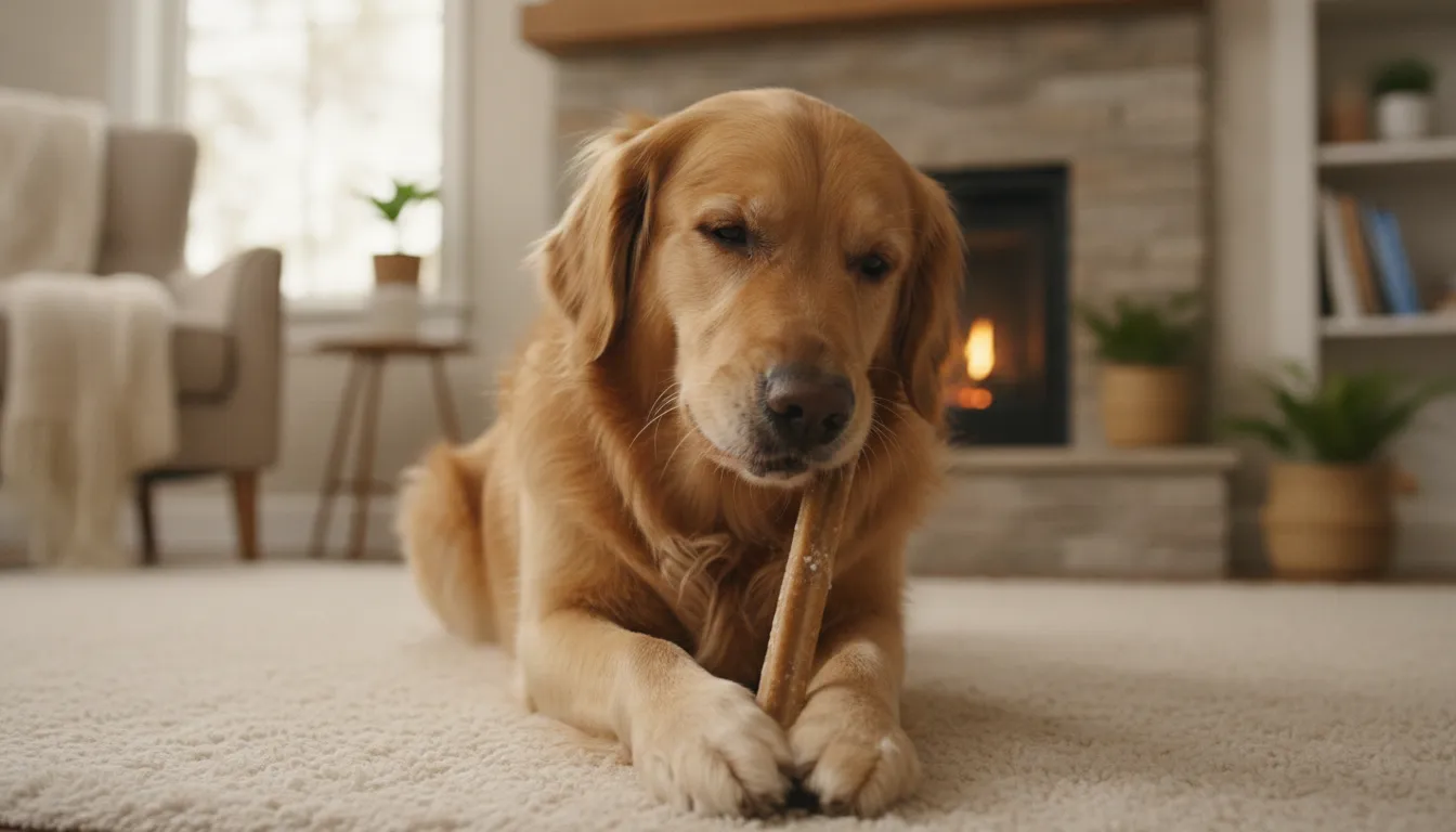 A healthy, happy dog contentedly chewing on a premium, natural beef collagen stick in a home living room