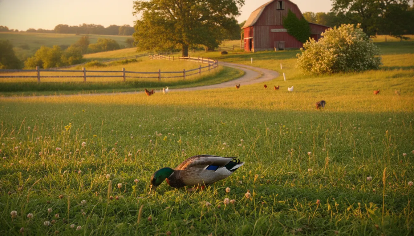 Duck grazing in a sunlit pasture, natural farm setting