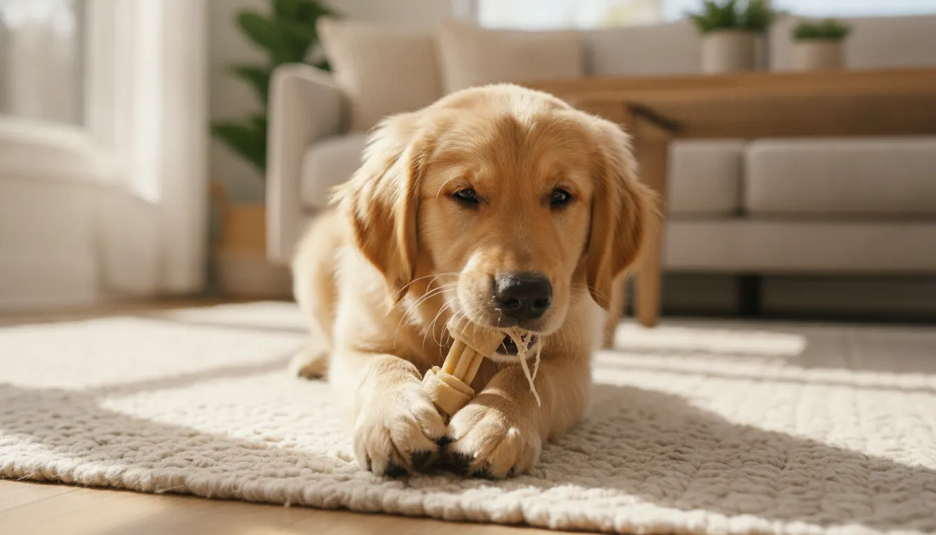 Golden retriever puppy chewing a natural single-ingredient dog chew on a rug