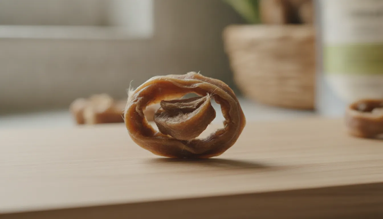 Natural rabbit skin dog chew showing pliable texture on a wooden surface