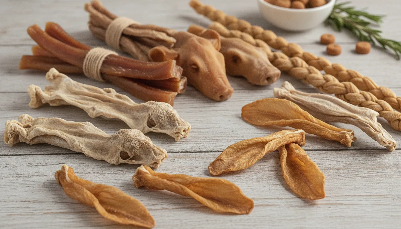 Minimalist arrangement of single-ingredient dog chews including rabbit ears and duck necks on wood