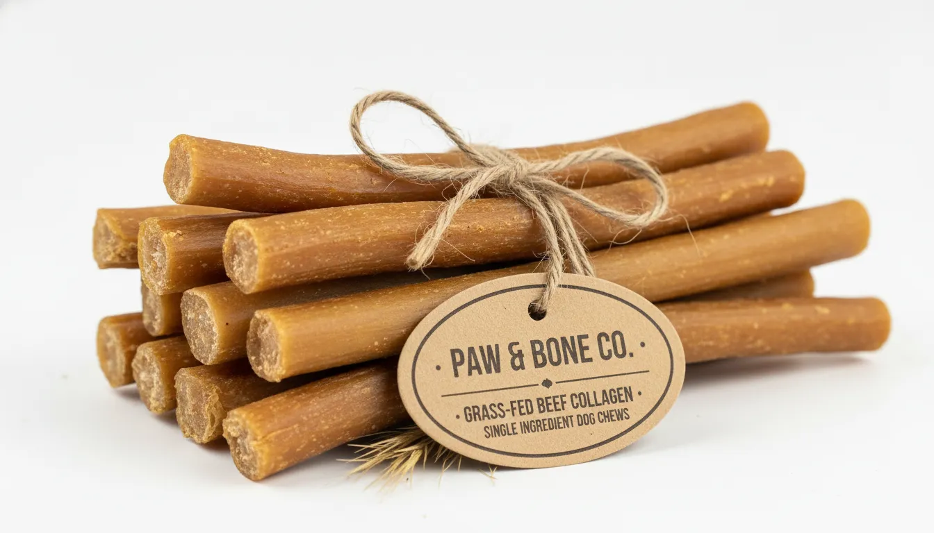 Several clean, single-ingredient grass-fed beef collagen sticks displayed on a light, minimalist background