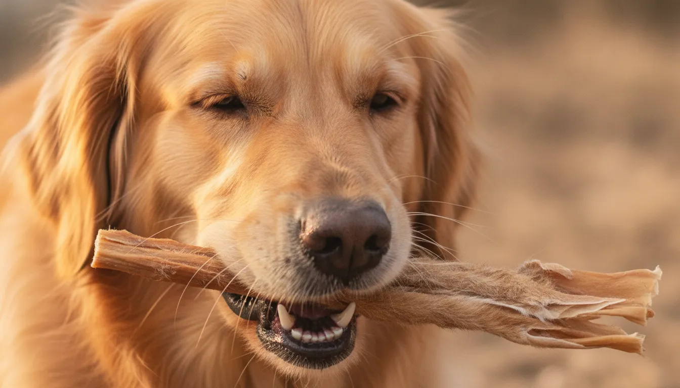 Dog gently chewing a single-ingredient rabbit skin stick